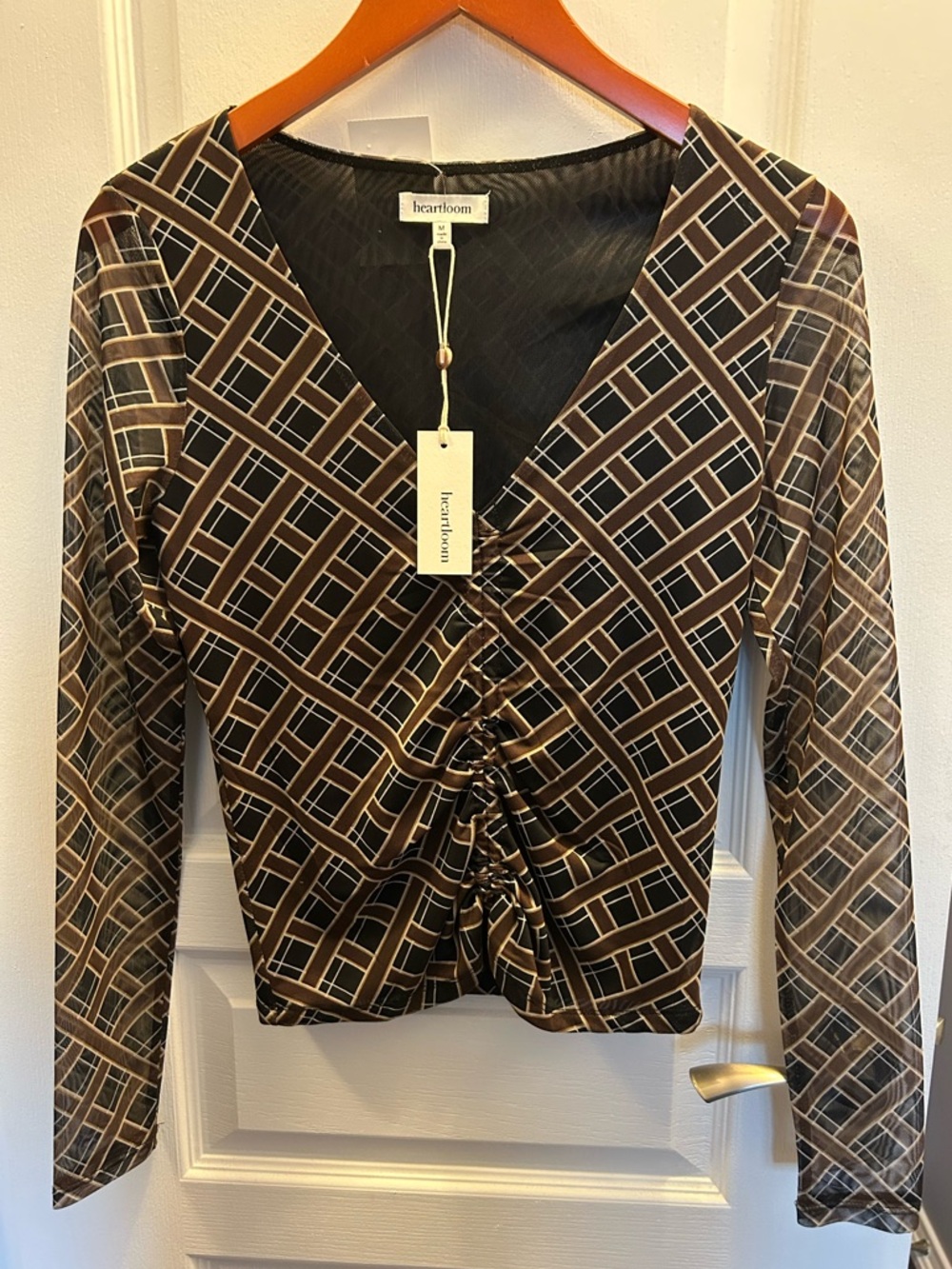 Heartloom Brown & Black Geometric Ruched Mesh Long Sleeve Top Size Medium